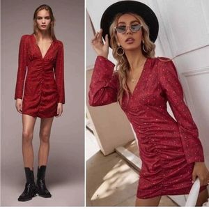 Zara Dot Printed Ruched Deep V-Neck Long Sleeve Mini Dress Red NWT.